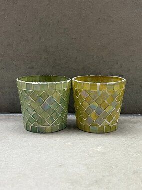 Set of Blue Green/Yellow Green Mosaic Tile Glass Tealight Votive Candle Holders